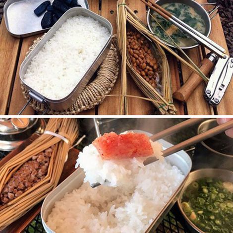 Lunchbox aus Aluminium mit klappbarem Griff, leichte, tragbare Bento-Box aus Edelstahl, ideal für Picknicks im Freien, weiß, 800 ml, mit Dampfkorb. (1/4)