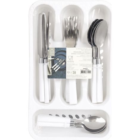 Range ménagère blanc avec 16 pièces en inox manches blanc en plastique