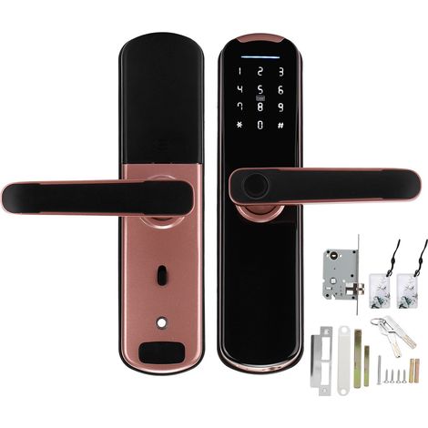 Serrure connectée Tuya aluminium rose or Poignée intelligente biométrique avec carte RFID code virtuel pour porte bois 35-70mm (1/5)