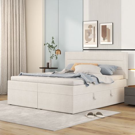 Polsterbett Leinen Beige 140x200 cm mit Lattenrost und Bettkasten, beidseitig zu öffnen