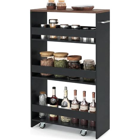 Chariot de Rangement Largeur 20 cm à roulettes, Desserte de Cuisine à 4 Niveaux, Poignée Latérale et Roues Universelles avec Freins (Noir+Brun) (1/5)