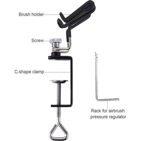 Universal Airbrush Holder, C-Shaped Clamp Airbrush Stand Tool with 2 Brush Racks and Side Rack for Pressure Regulator, Tabletop Barges up to 3 Inches (1/4)
