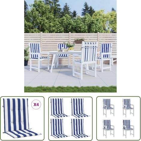 The Living Store Coussins de chaise à dossier bas lot de 4 rayures bleu et blanc - Coussins De Chaise - Coussins Exterieur - Coussin Décoratif - Cushions Patio - Coussin Confortable (1/5)