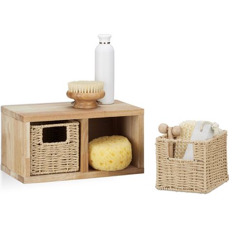 Relaxdays Wandregal Walnuss im 2er Set, Regalsystem, je 2 Körbe zum Herausnehmen, für Bad, Küche oder Wohnzimmer, natur