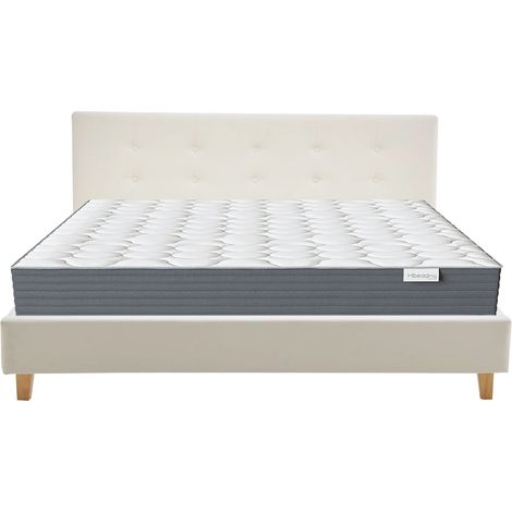Ensemble Lit adulte 160x200cm avec tête de lit en velours beige - Milo + Matelas mémoire de forme - Memo HR (1/5)
