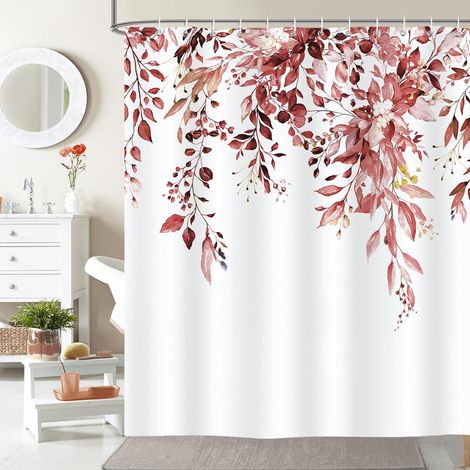 Tenda da doccia botanica rossa con foglie, 180x180 cm, tenda da bagno impermeabile in tessuto lavabile per vasca da bagno con 12 ganci (1/5)