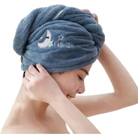 Turban séchage cheveux microfibre bleu foncé avec bouton de fixation, serviette ultra-absorbante maintien stable séchage rapide (1/5)