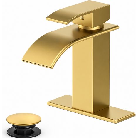 Mitigeur de lavabo cascade doré à courbure naturelle, modèle bas pour vasque salle de bain, robinet eau chaude et froide, cartouche céramique 300 g – Livraison gratuite