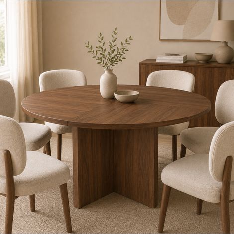 Table a manger ronde 120x120 cm pour 4-6 personnes design scandinave pour salle a manger MDF noyer