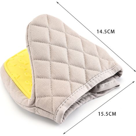 Confezione da 2 mini guanti da forno in silicone antiscivolo e resistente al calore, di colore giallo, con anello per appenderli, adatti al microonde e al forno, presine (1/5)