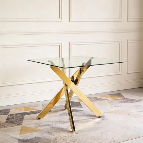 Table à manger - BRILLSTEN, 80 x 80 x 75 cm,Table de salle à manger avec pieds métalliques entrecroisés et plateau en verre trempé - Table à manger carrée, Pieds de table en métal doré (1/5)