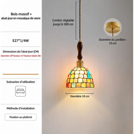 Suspension Rétro en Verre Coloré Modèle E D18 cm LED Lumière Chaude Câble 1 m 26 × 26 × 32 cm 2,5 kg – Livraison gratuite