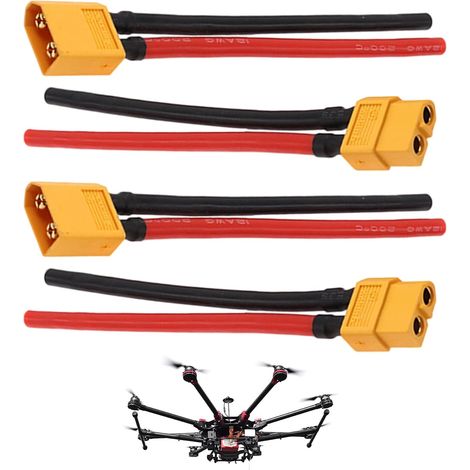 2 Paires XT60 Connecteur Mâle Femelle avec Câble en Silicone 100mm 14AWG, XT60 Adaptateur de Connecteurs avec Fil 10cm 14AWG, pour Batterie Lipo, FPV Drone, Voitures RC, Modélisme RC
