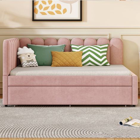 Lit banquette d’angle 140x200 cm avec tiroir-lit, dossier fleuri en velours rose, sans matelas (1/5)