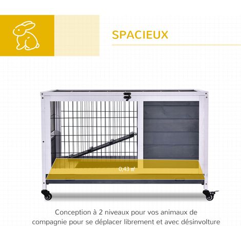 Clapier lapin intérieur, cage lapin avec toit ouvrant, roulettes, plateau amovible et rampe, cage à lapin en bois, 90 x 53 x 59 cm, gris foncé et blanc (1/5)