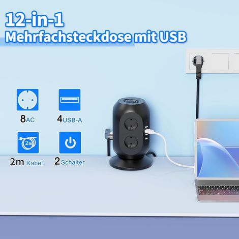 Regleta de enchufes todo en uno: 8 tomas de CA y 2 puertos USB con protección contra sobretensiones, cable de 2 m e interruptor doble para casa, oficina o dormitorio (negro). (1/5)