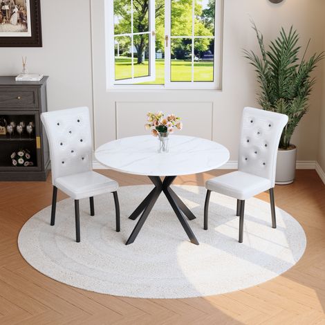Conjunto de comedor, mesa redonda de efecto mármol blanco y 2 sillas negras de metal y MDF (1/5)