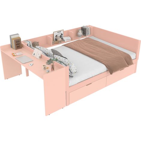 Lit 140x200 avec bureau, 2 tiroirs et 3 étagères, rangement intégré, idéal pour petite chambre, coloris rose, sans matelas - CHICFURN (1/5)
