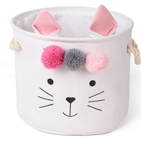 Panier de rangement pliable en tissu, petite boîte ronde avec fermeture à cordon et poignée, blanc, pour vêtements et jouets. (1/4)