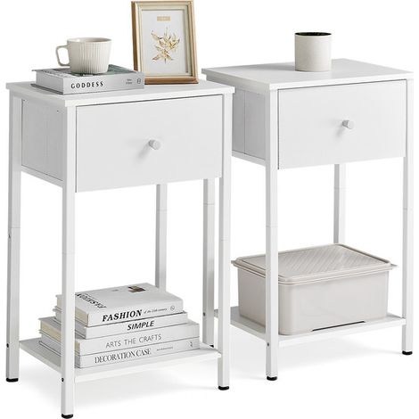 Table de Chevet, Lot de 2, Table d’Appoint avec Tiroir en Tissu, avec Étagère de Rangement, 38 x 28 x 61 cm, Blanc (1/5)