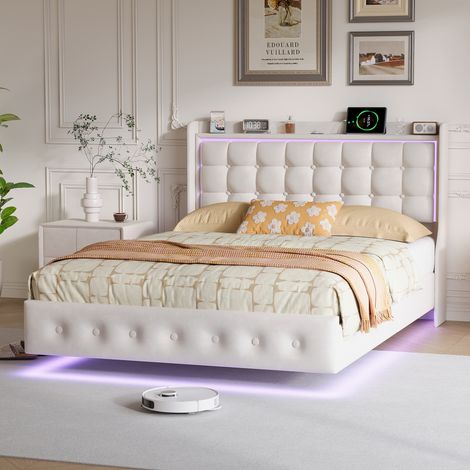 JOOKGBD-Letto matrimoniale fluttuante imbottito 140x200 cm,Letto per adolescente,Illuminazione LED,Porta USB,Testiera imbottita con vano portaoggetti,Rete a doghe in legno,Velluto,Bianco