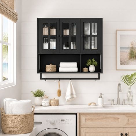 Armadio da parete bagno nero in MDF e vetro temperato con 3 ante e portasciugamani (1/5)