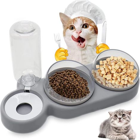 Gamelle Chat et Chien Surélevée, 3 en 1 Distributeurs Automatique d'eau et Nourriture pour Animaux de Compagnie, Incliné à 15°Double Bol de Nourriture, Pour Les Chats et Les Chiots (1/5)
