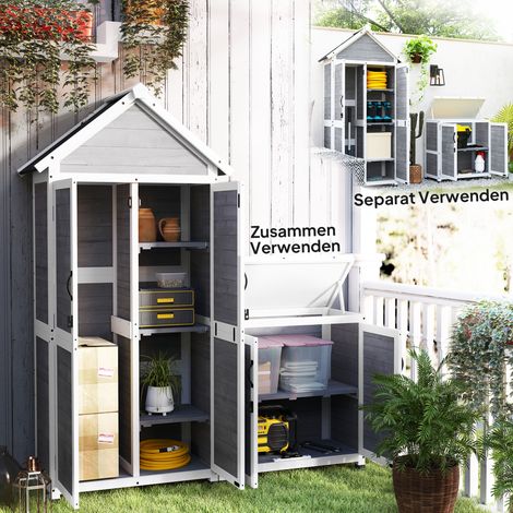 Abri de jardin avec meuble de rangement, tablettes ajustables, portes sécurisées, imperméable, en bois d'épicéa, gris clair (1/4)