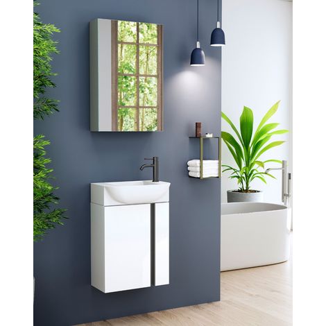 Mueble Baño Suspendido Fondo Reducido con Lavabo Cerámico 1 Puerta 45cm Blanco Brillo Tirador Cromo (1/5)