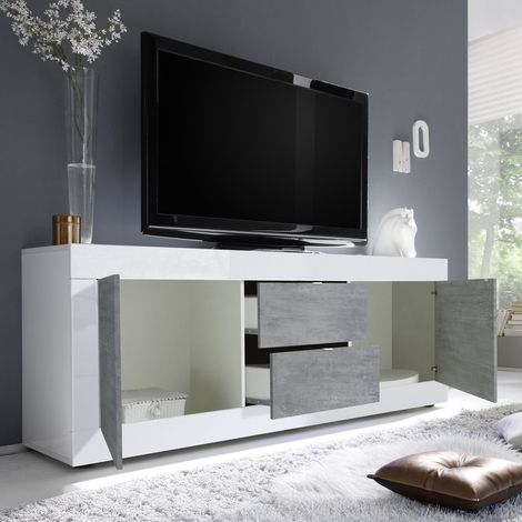 Mueble para TV Sinello, 2 compartimentos, apertura con manilla, 86 pulgadas, 210x43x65h cm blanco brillante (1/4)