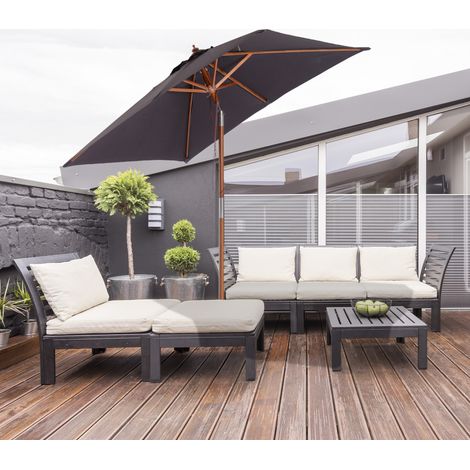 Parasol de jardin en polyester gris foncé, mât en bois de sapin, inclinable 3 positions, 200x150x235 cm