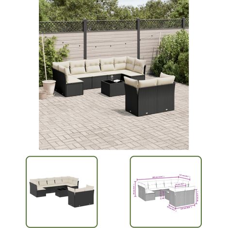 The Living Store 10-tlg. Garten-Sofagarnitur mit Kissen Schwarz Poly Rattan - Gartenmöbel - Esstisch - Lounge Set - Rattan Möbel - Outdoor Sofa