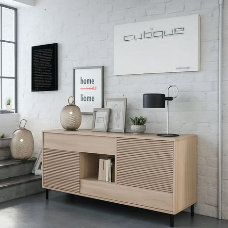 Dmora Aparador Waco, Aparador moderno con 2 puertas, Bufet de salón, gabinete de TV, Aparador con patas para salón, cm 151x41h80, Roble, con embalaje reforzado
