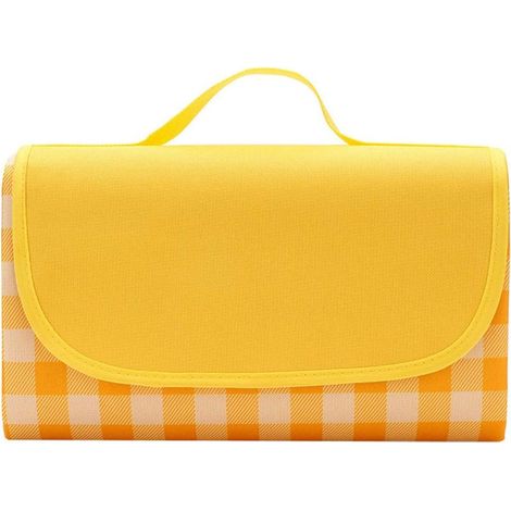 Couverture de Pique-Nique Étanche 150×200cm Tapis de Plage Grand avec Poignée Pliable Résistant à l'Humidité pour Camping Voyage Plage Jardin Parc ( 4-6 Personnes Jaune et Blanc) (1/5)