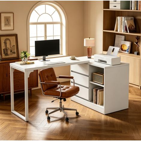 Bureau d'angle L blanc en MDF et métal, modulable avec rangements pour bureau et chambre FloraGrace