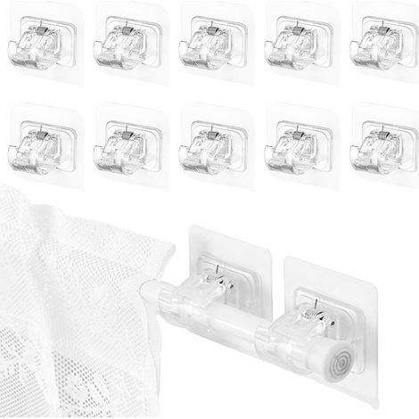 10 Haken, bohrfreie Gardinenstangenhalterungen, selbstklebende Gardinenstangenhaken, geeignet für Badezimmer und Küchen.
