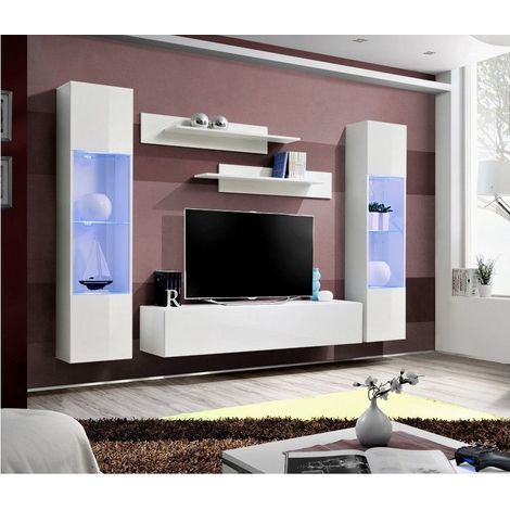 Ensemble meuble TV mural - Fly III- 260 cm x 190 cm x 40 cm - Blanc - Livraison gratuite