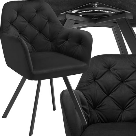 Fauteuil pivotant 180° en velours rembourré motif matelassé noir (1/5)
