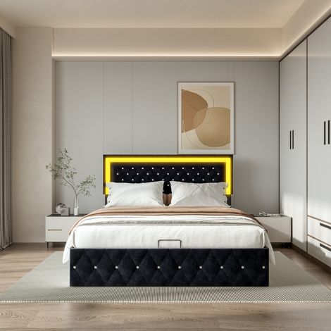 Lit tapissé, 160 x 200, lit double en velours avec éclairage LED, design touffeté, lit hydraulique avec rangement sous le lit, cadre à lattes en bois, noir (1/5)