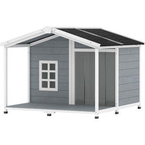 Niche surélevée en bois résistant aux intempéries avec toit en asphalte et terrasse, pour chiens de taille moyenne, 103 x 107 x 83,5 cm, grise