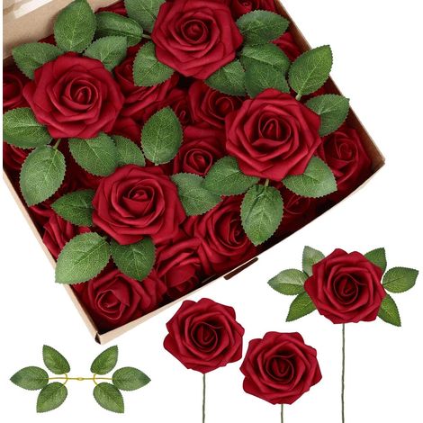 Roses Artificielles - 50 Pièces Tige Flexible en Mousse de Latex - Pour Bouquets Mariage Décoration Table Fête - Lot Complet avec Feuillage (1/5)