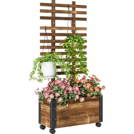 Vase avec Roues, Matériau en Bois Carbonisé, Longueur 65 cm, Largeur 31 cm, Hauteur 147 cm, Design en Treillis pour Plantes Grimpantes (1/5)