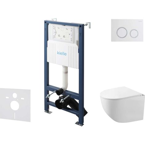kielle Genesis New - Conjunto de instalación empotrada, inodoro compacto Gaia Rimless, asiento soft-close y pulsador Gemini New I, blanco brillante/cromo 30528SS85