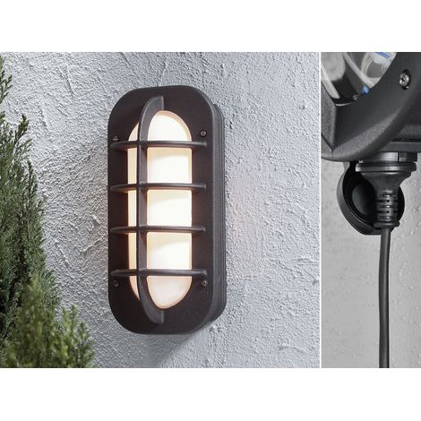 LED Außenwandleuchte mit Steckdose, Alu Schwarz & Opalglas, Höhe 36cm (1/5)