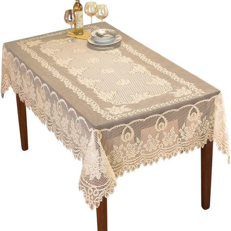 Manteles individuales de encaje de ganchillo color beige, mantel de poliéster jacquard lavable para mesa de cena de boda, fiesta, color beige, 152 x 228 cm