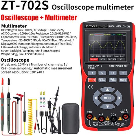 Multimètre Oscilloscope numérique 2 en 1, taux d'échantillonnage 48MSa/s, bande passante 10Mhz, 9999 points, True RMS, écran couleur IPS 2.8 pouces (1/5)