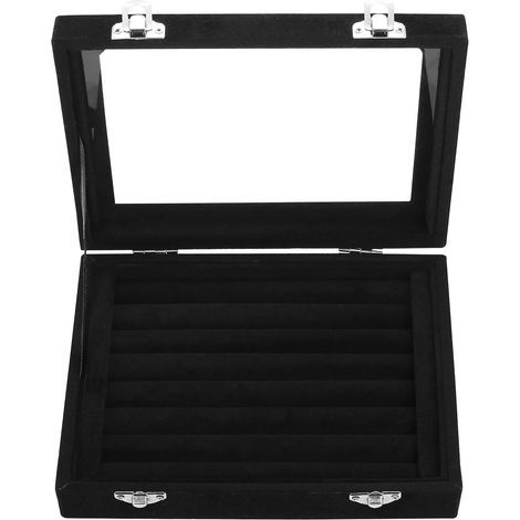 Boîte à bijoux, organiseur de bagues, coffret de rangement pour bijoux, boîte à bijoux en velours verrouillable, boîte à boucles d'oreilles à 7 compartiments, petite boîte à bijoux noire avec vitrine (1/5)