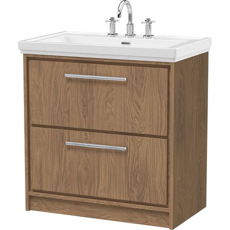 Longnor 2 Drawer Floor Standing Vanity Unit with 3 Tap Hole Traditional Fireclay Basin, Antique Oak, 800mm