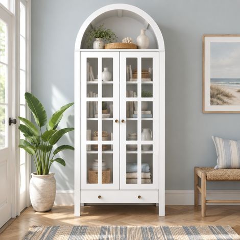Vetrina alta ad arco bianca 75 x 35 x 170,5 cm con ripiani e cassetto OKMYHOME (1/5)