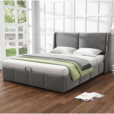 Cama tapizada 140/200 cm gris de terciopelo con almacenaje hidráulico (1/5)